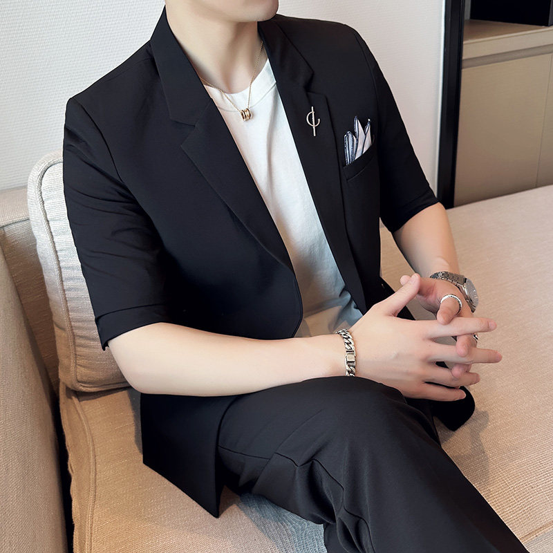 夏时尚休闲中袖西装宽松双排扣七分袖西服外套A445-XZ066-P130，男装西服套装，电商A445