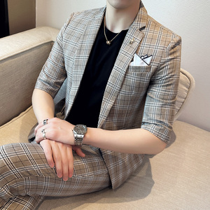 男士休闲七分袖小西装修身格子中袖西服两件套A445-TZ8515-P200图片