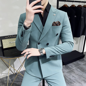 新款十个颜色 韩版修身小西装 西服套装两件套 淡青色 LJT10-P210图片