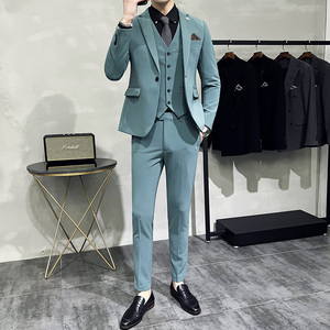 新款十色韩版修身小西装西服套装三件套全身图淡青-SJT09-P275,思莱德西服穿搭图片