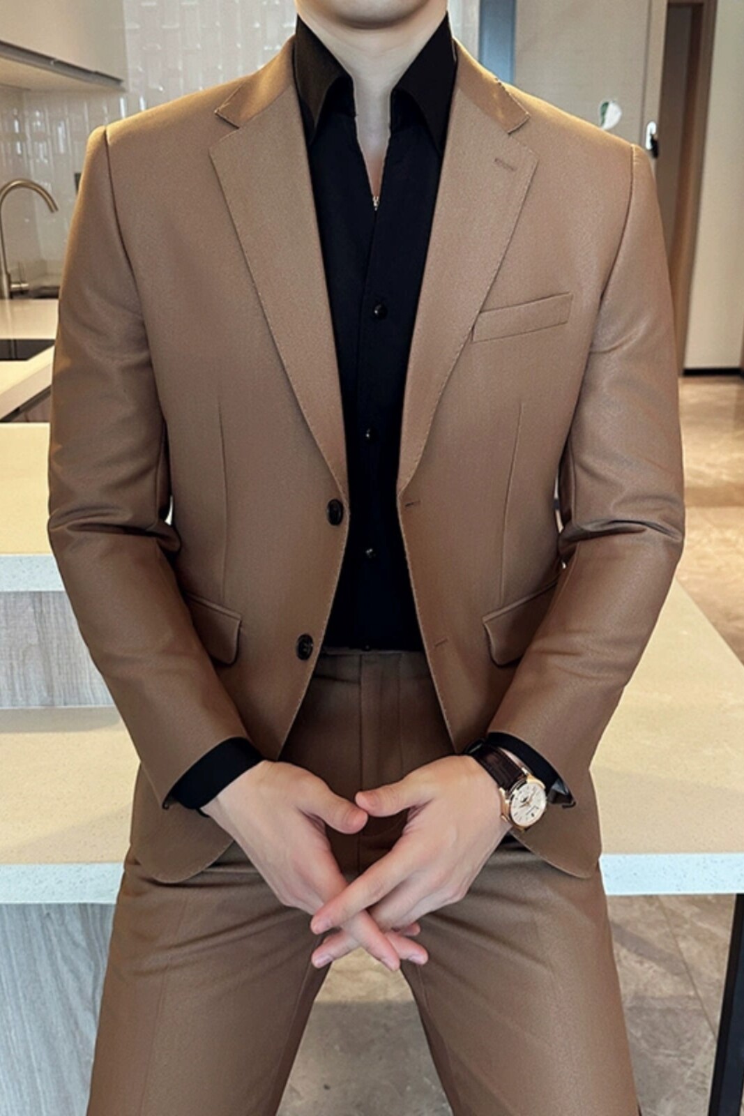 秋冬韩版修身小西装两扣西服套装两件套咖啡色A445-LJT3611B-P190,男装西服,电商A445