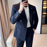 新款七色枪驳领高端西装双排扣西服三件套浅咖A445-SJT9003-P260，男装西服，电商A445