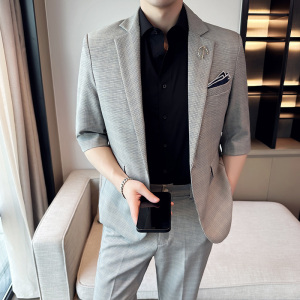 夏季男士宽松中袖西装 时尚七分袖格子西服两件套A445-TZ051-P200图片