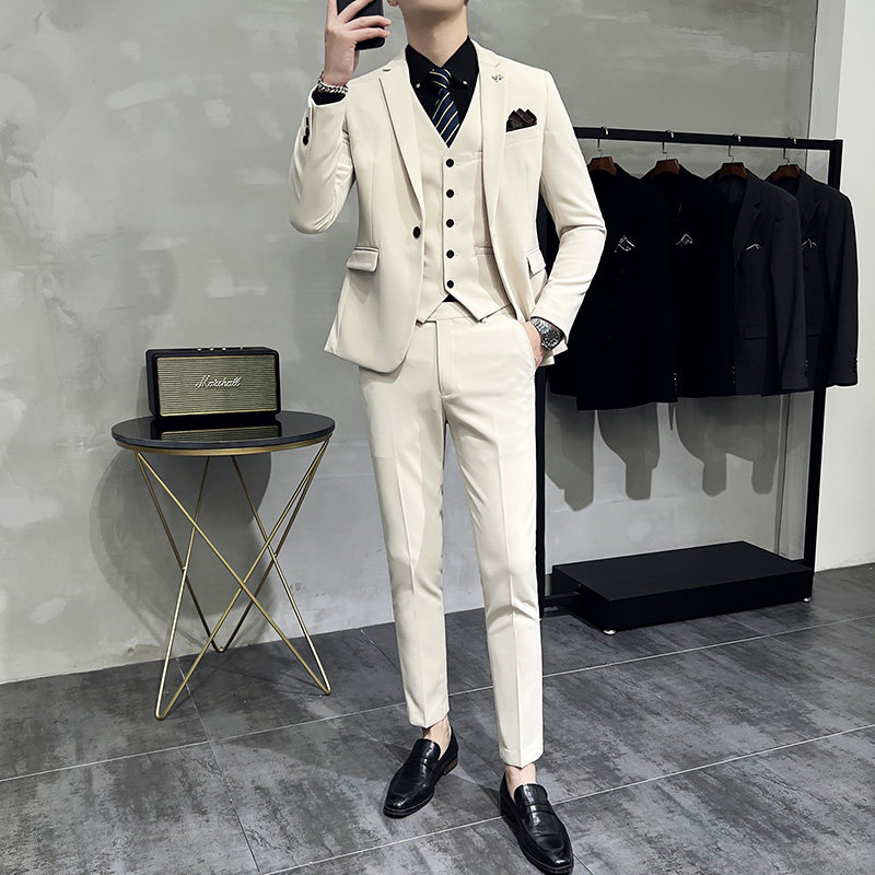 新款十色韩版修身小西装西服套装三件套全身图杏色-SJT09-P275，男装西服套装，电商A445