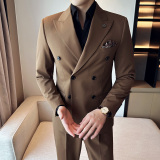 秋冬韩版修身小西装外套双排扣时尚休闲西服杏色A445-XZ9003-P130，男装西服，电商A445