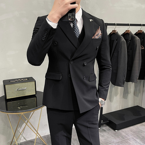 长期做不断货#韩版修身小西装男双排扣西服套装蓝色LJT100-P210