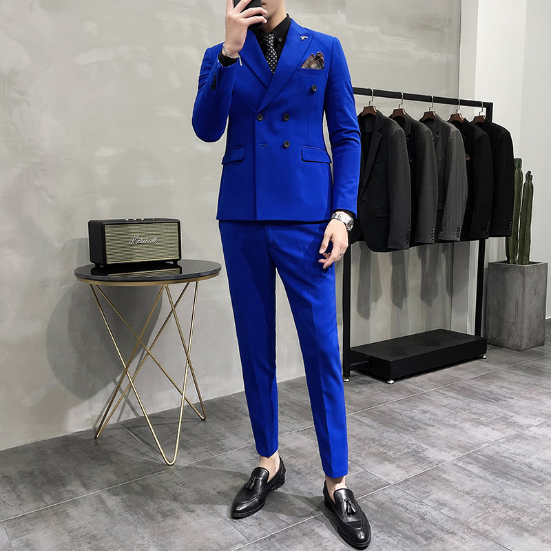 新款十色双排扣小西装西服套装三件套全身图杏色-SJT10-P275,男装西服套装,电商A445