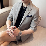 男士宽松中袖西装七分袖时尚格子西服短裤两件套A445-DT051-P200，男装牛仔裤，电商A445