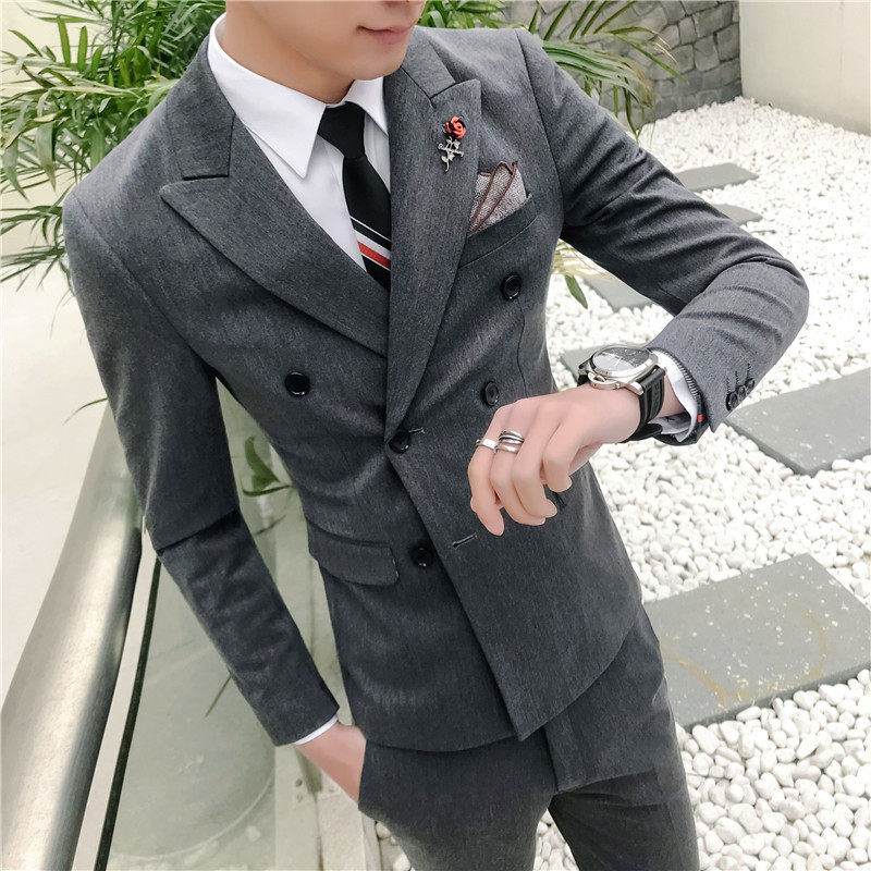 秋季新款韩版休闲小西装 高品质西服套装双排扣三件套 中灰色TZ16图片