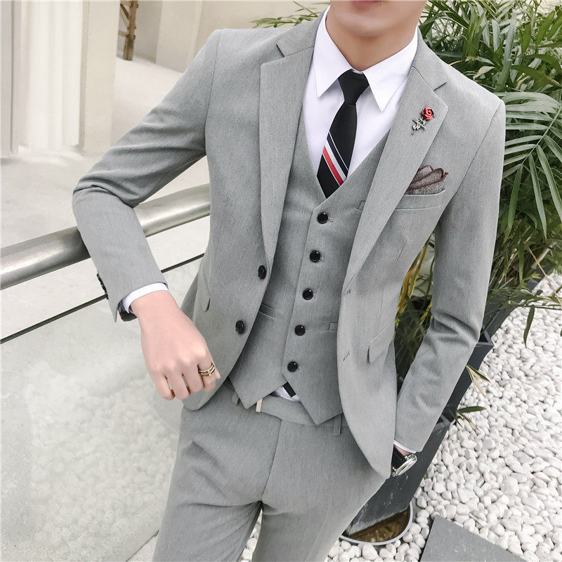 秋季新款韩版小西装高品质西服套装结婚礼服三件套浅灰色TZ15，男装西服套装，电商A445