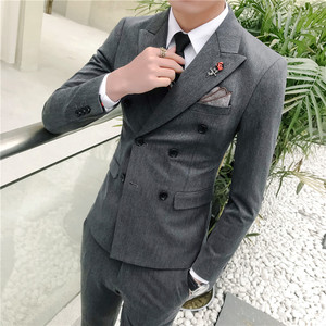 秋季新款韩版休闲小西装 高品质西服套装双排扣三件套 中灰色TZ16图片