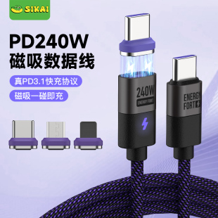 适用小米240W磁吸充电数据线双TypeC头5A磁吸PD快充双头公对公雷电4 3USB4Macbook笔记本iPhone15promax华为