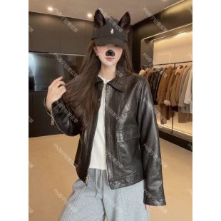 真皮皮衣绵羊皮复古老钱风方领双拉链短外套 珍珠夜宴