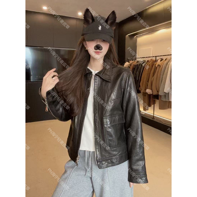 老钱风绵羊皮方领双拉链短外套