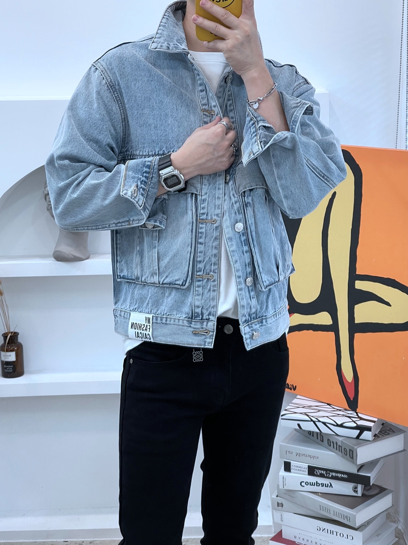 卷毛男装做旧拼接牛仔夹克男秋季翻领外套青年帅气牛仔衣男装上衣
