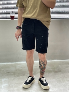 黑色漆点破洞夏季薄款美式牛仔短裤男韩版潮流弹力修身五分裤中裤