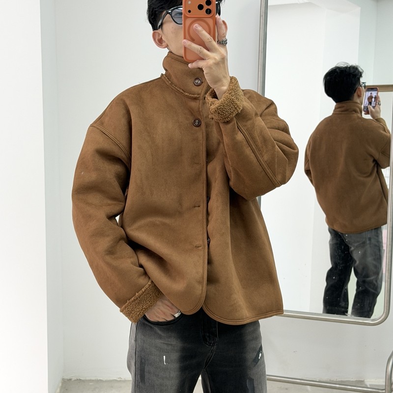 皮毛一体高级感小众立领羊羔绒夹克男休闲开衫外套保暖潮流上衣