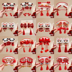 新年古风儿童发夹头饰可爱汉服醒狮发饰女2026新款蝴蝶结宝宝发卡