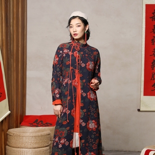 棉衣复古袍子11812904 孤品 生姜国风印花棉大衣外套女中长款