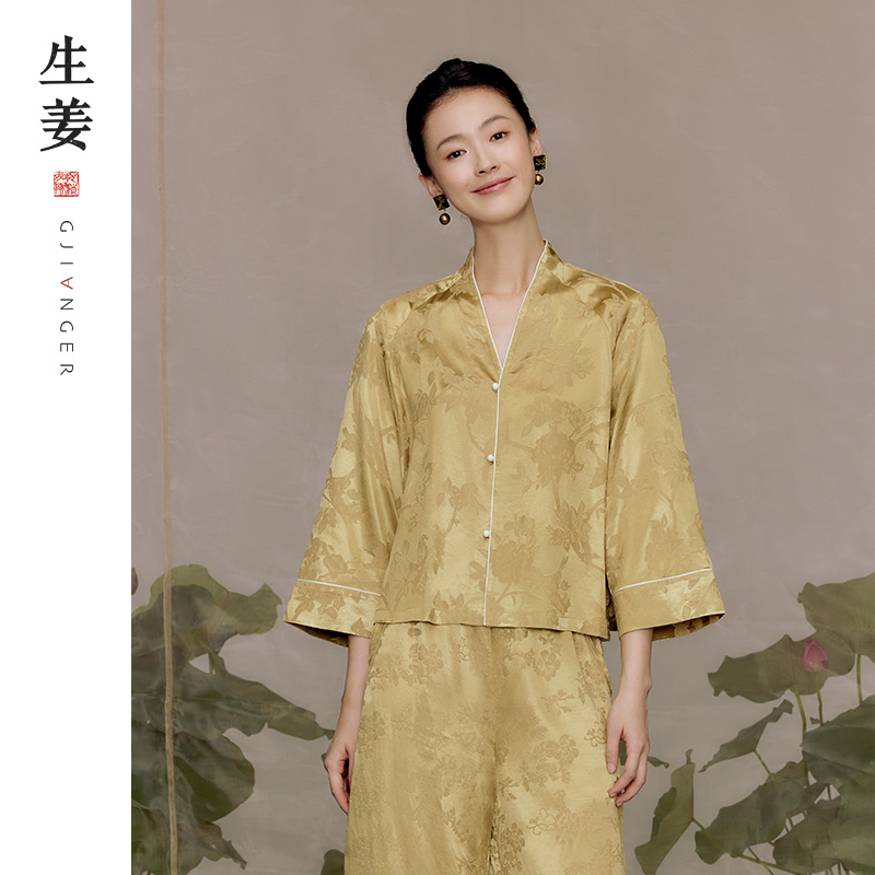 生姜新中式花朵暗纹上衣外套缎面