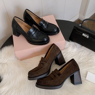 惠东县晨航鞋业店秋季新款高跟牛皮版7cm粗跟牛皮版一脚蹬懒人