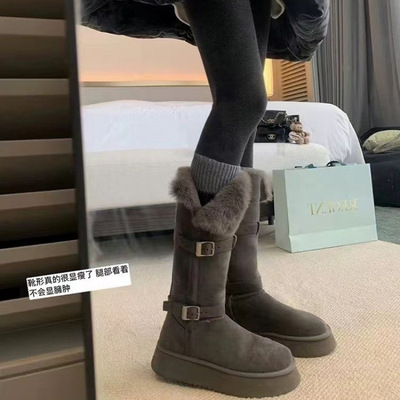 惠东县大岭星光坊鞋厂葡萄妈同款扣带厚底毛毛翻边两穿保暖棉鞋