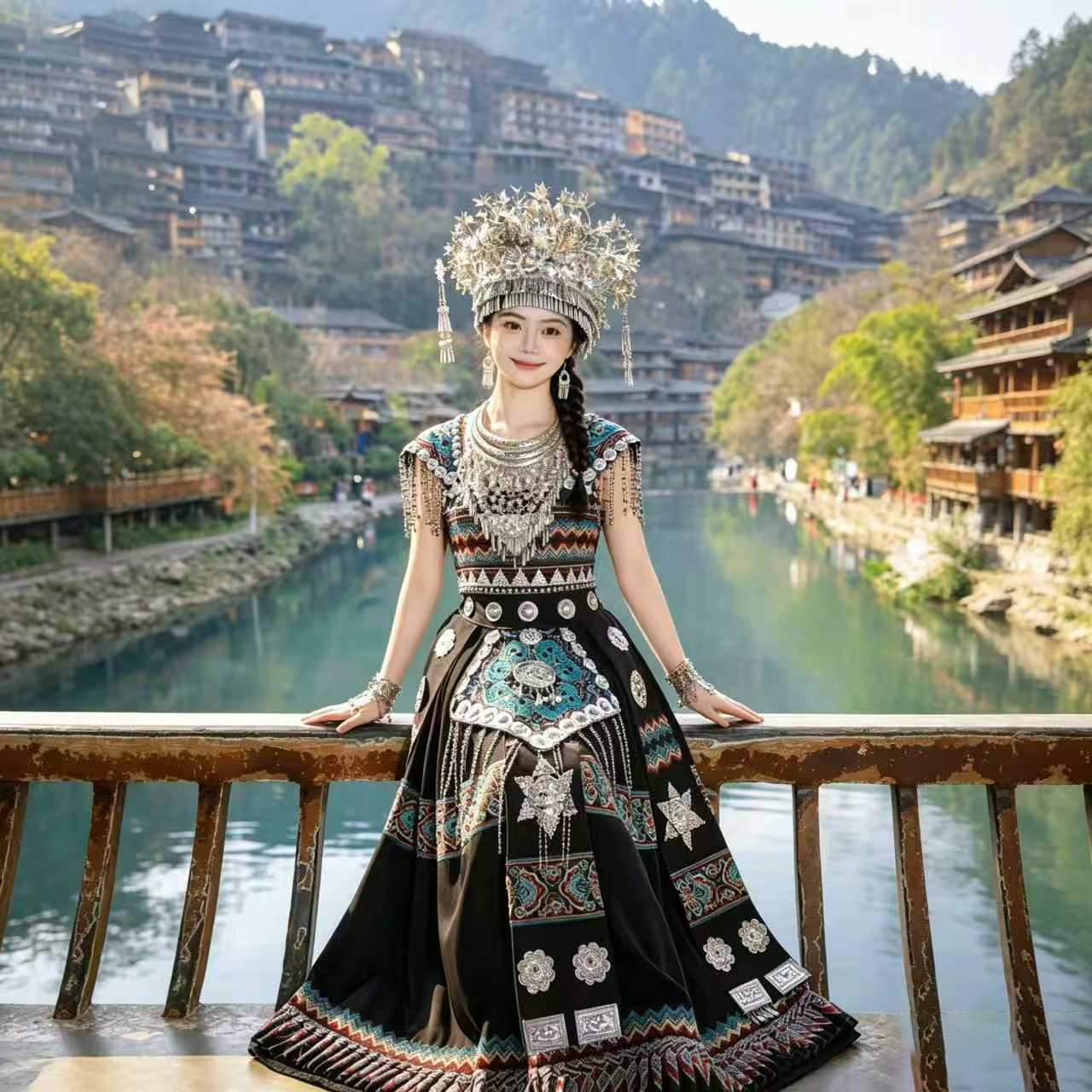 土家族民族服装女成人湘西苗族舞蹈服葫芦丝表演服苗疆少女长裙