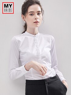 立领衬衫女新款2024年白色韩版chic白衬衣无领气质工装职业长袖