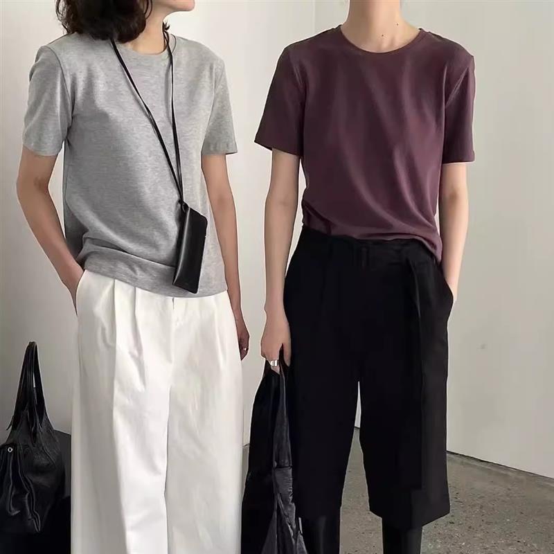 韩国BLUEPOPS简约圆领纯色短袖T恤女2024春宽松休闲百搭显瘦上衣