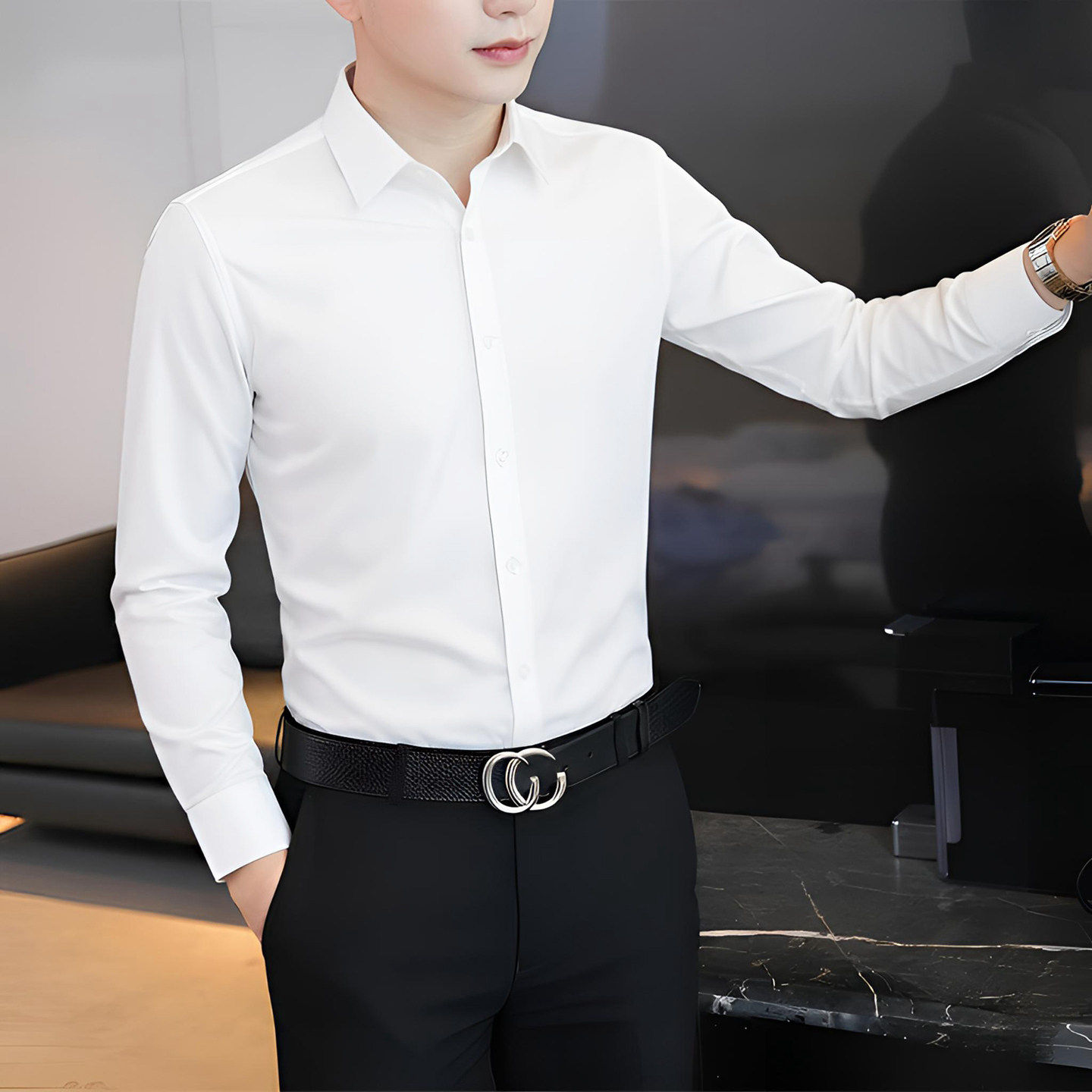 雅痞高级感免烫休闲商务垂感修身抗皱衬衫潮秋季长袖纯色衬衣男士