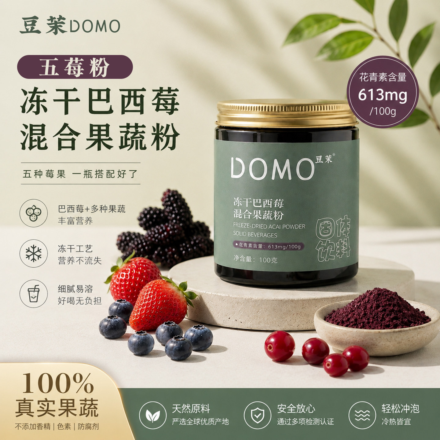 豆茉五莓冻干巴西莓混合纯果蔬粉100g天然莓果花青素膳食纤维冲饮