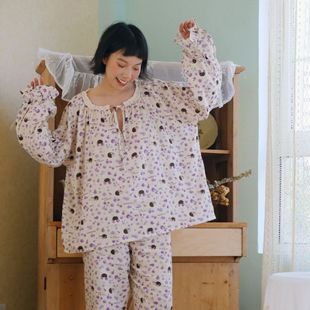 系带全棉睡衣女高级感家居服春秋大码 白鲸公园法式 宽松棉纱睡衣