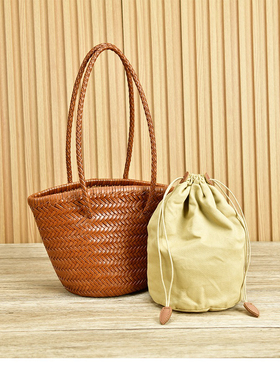 Z家同款小众原创设计法式牛皮真皮编织包水桶包单肩菜篮子包女