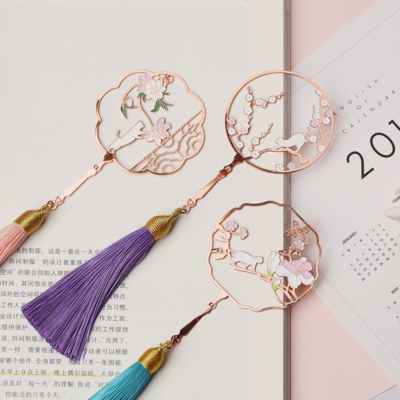 精致镂空金属可爱团扇书签 简约文艺精美流苏创意礼品纪念品 古典中国