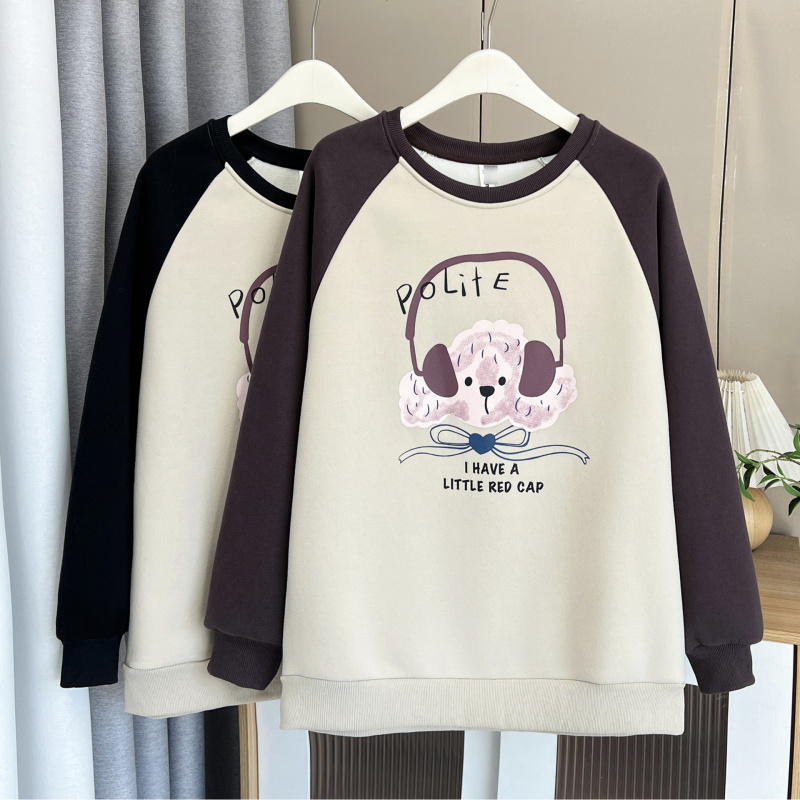 大码加绒卫衣女200斤秋冬新款胖mm宽松卡通小熊撞色加绒卫衣内搭