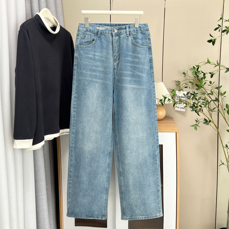 大码阔腿牛仔裤女200斤秋冬高腰宽松直筒显瘦遮肉胖mm拖地长裤