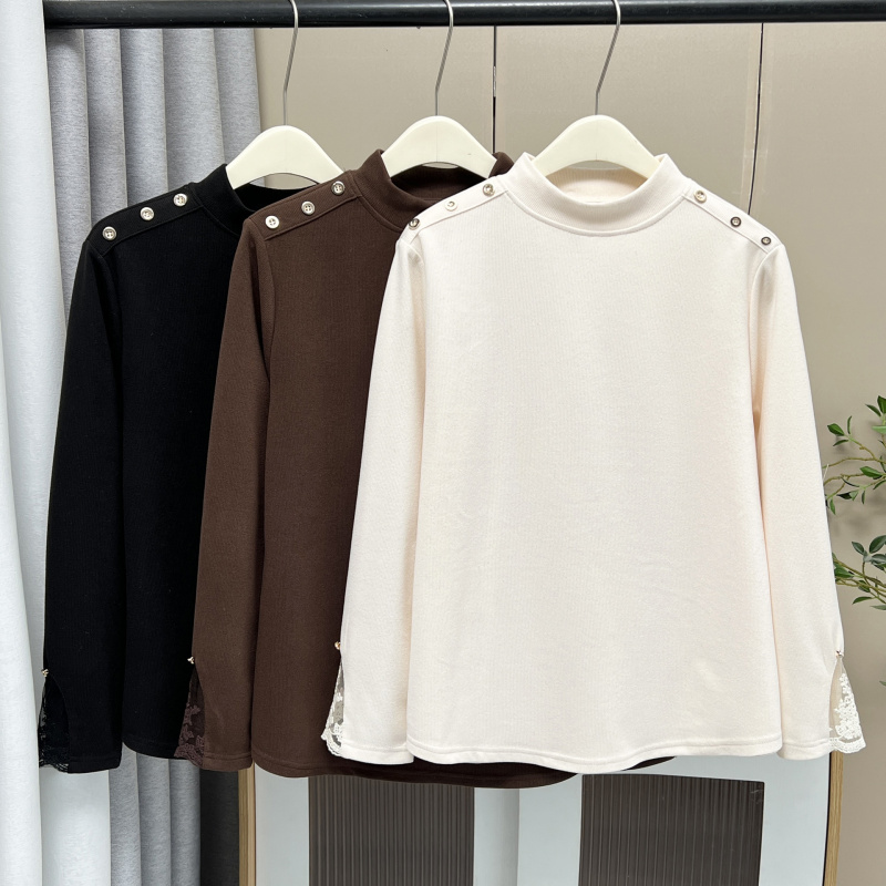 大码半高领打底衫200斤秋冬加厚胖mm长袖蕾丝拼接肩扣设计感上衣