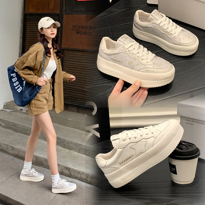 真皮小白鞋女2026春季新款做旧搽金厚底百搭休闲女鞋软面星星板鞋
