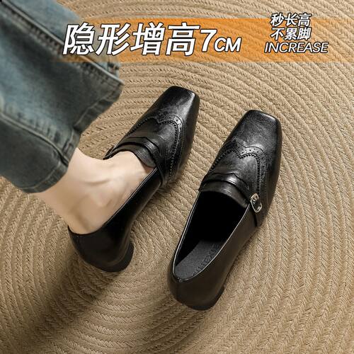 皮带扣乐福鞋女平底鞋2026春季新款软方头舒适深口雕花布洛克鞋