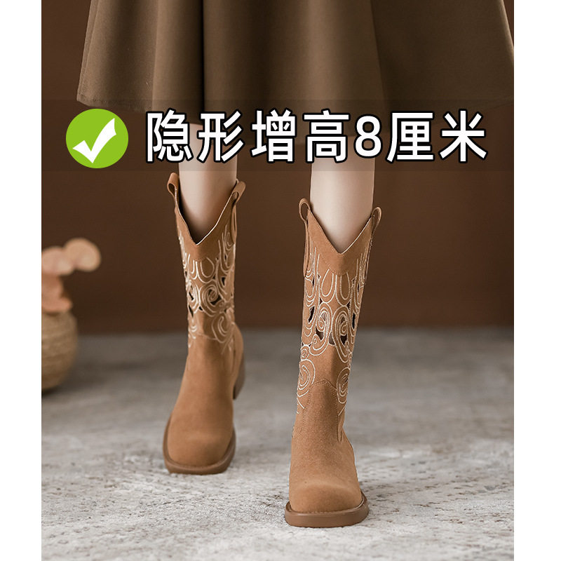 刺绣复古西部牛仔靴镂空夏季薄款长靴女夏天透气时装靴中筒骑士靴