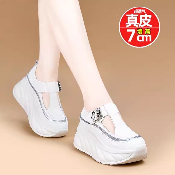 厚底松糕鞋女夏内增高镂空透气包头凉鞋真皮魔术贴水钻休闲摇摇鞋