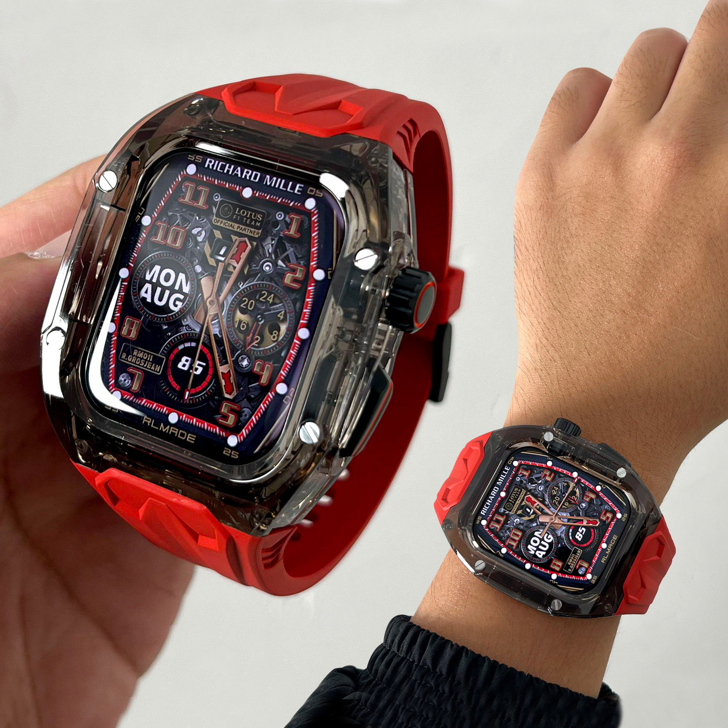 适用applewatchS11黑色表框改装理查德透明水晶保护壳苹果手表iwatch10/9/8/7/Ultra/SE一体表壳表带冰川潮男