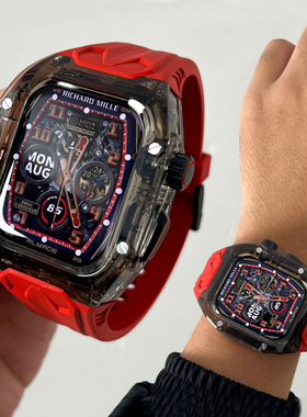 适用applewatchS11黑色表框改装理查德透明水晶保护壳苹果手表iwatch10/9/8/7/Ultra/SE一体表壳表带冰川潮男