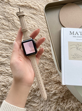 适用apple watch7表带iwatch8苹果手表6/5/4/321/se真皮表带小蛮腰皮质牛油果绿腕带潮38/42/44/40/41/45mm女