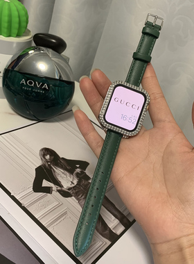 适用apple watch6表带iwatch5苹果手表4/3/2/1真皮质表带细创意孔雀绿色腕带潮38/42/44/40mm女潮ins小众创意