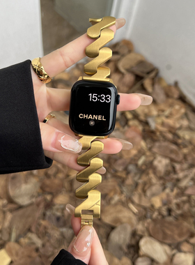 适用apple watch8表带苹果手表iwatch7金属波浪纹哑光不锈钢表带654/se/ultra表链式腕新款高级女41/45mm创意