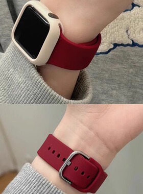适用iwatch9硅胶表带撞色保护壳新年红亲肤硅胶appleWatch S8苹果手表带S87654321代SE通用Ultra拼色夏天透气
