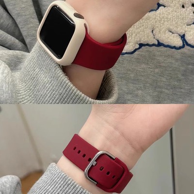 适用iwatch9硅胶表带撞色保护壳新年红亲肤硅胶appleWatch S8苹果手表带S87654321代SE通用Ultra拼色夏天透气