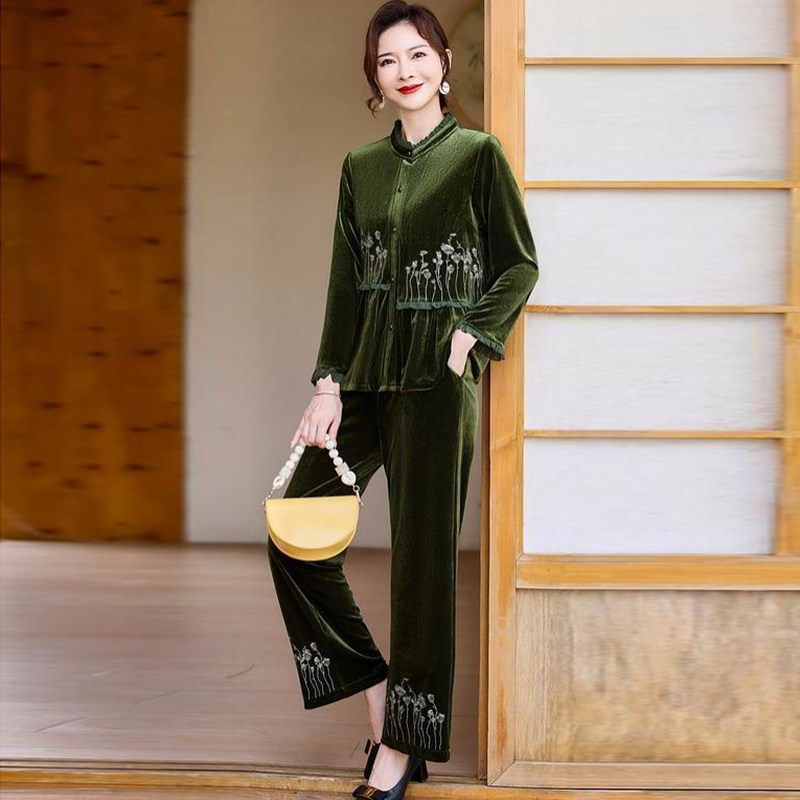 新国风立领绣花金丝绒上衣阔腿裤两件套春装新款时尚显瘦妈妈套装