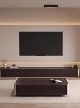 橡木电视柜柜矮柜米意式灰色落地家用简约电视柜烟熏收纳2高端